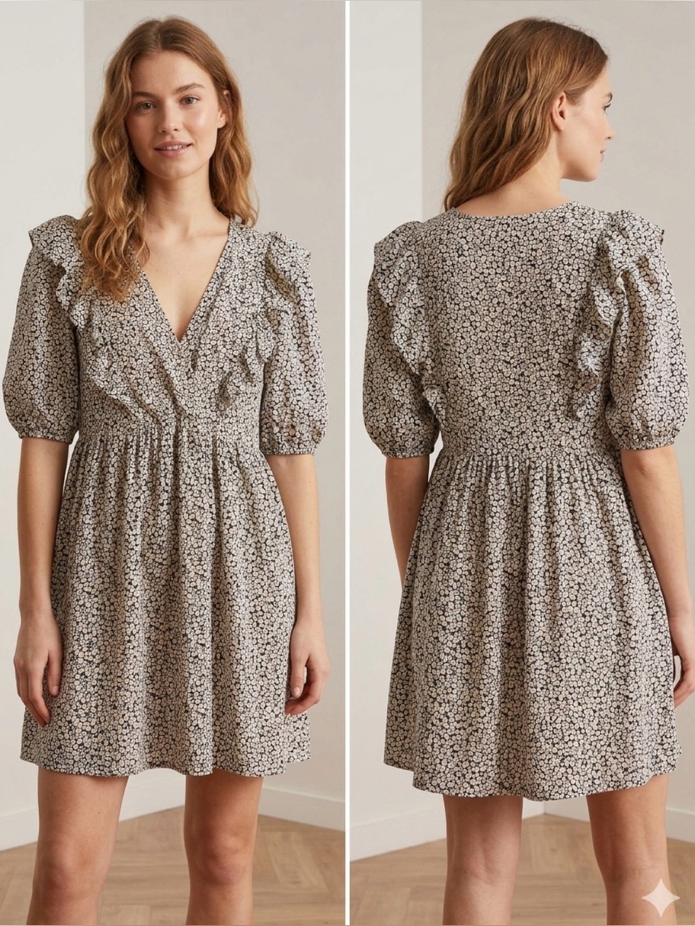 H&M Black Mini Dress with Cream Floral Print